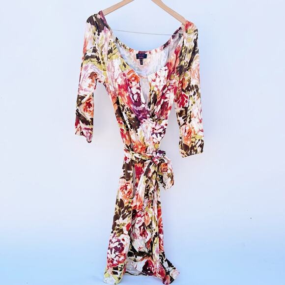 Escada Designer Floral Wrap Mid-Length Curvy Silk Dress Pink Red Belt 36 Small - Picture 4 of 12